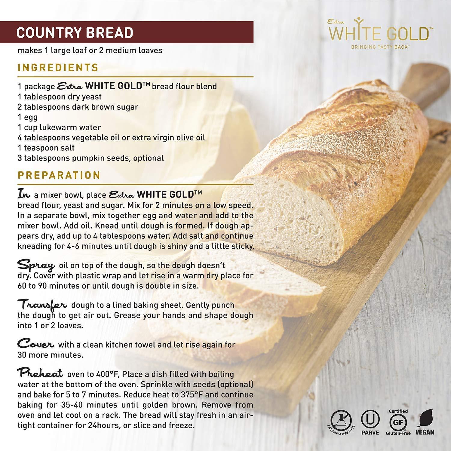 Extra White Gold Extra White Gold Gluten Free Bread Flour Blend For Breads, Yeasted Pastries , Pizza, Focaccia [Kosher] [Gluten Free] [Vegan] [Soy Free] [Nut Free] [Dairy Free] 1.1 Pound (4 pack)