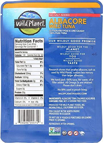 Wild Planet Wild Planet Wild Albacore Tuna, No Salt Added, Sustainably Caught, Kosher, Gluten Free, Keto and Paleo, 3rd Party Mercury Tested, 3 Ounce Pouch (Pack of 1)