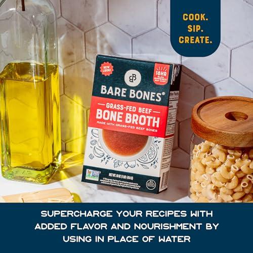 Bare Bones Bare Bones Grass-Fed Beef Bone Broth | Pour w/Pasture Raised Protein & Collagen for Cooking & Sipping | No Artificial Flavors Non-GMO Gluten & Dairy-Free Keto & Paleo Friendly | 16oz Carton | 8 Pack