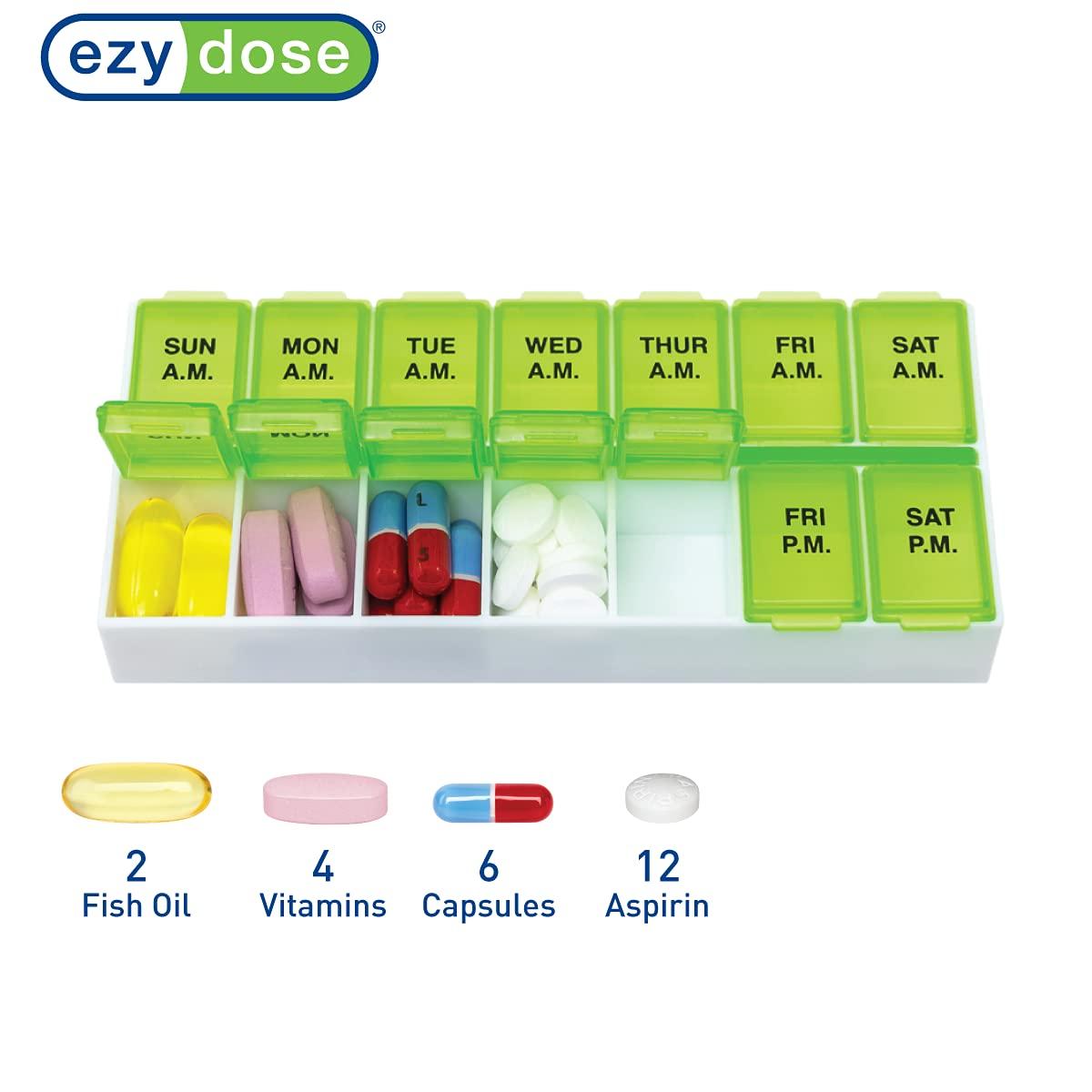 EZY DOSE Ezy Dose Weekly (7-Day) AM/PM Pill Organizer, Vitamin Case, and Medicine Box, Medium Compartments, 2 Times a Day, Green, 67375GAMT (Pack of 2)