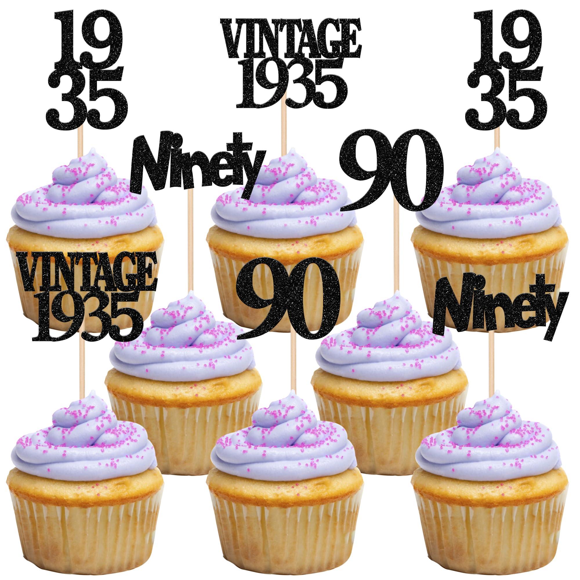 Rsstarxi Rsstarxi 24 Pack 90th Birthday Cupcake Toppers Black Glitter Vintage 1933 Cupcake Picks Ninety Cheers to 90 Years Old Birthday Cupcake Topper for Happy 90th Birthday Anniversary Party Cake Decorations