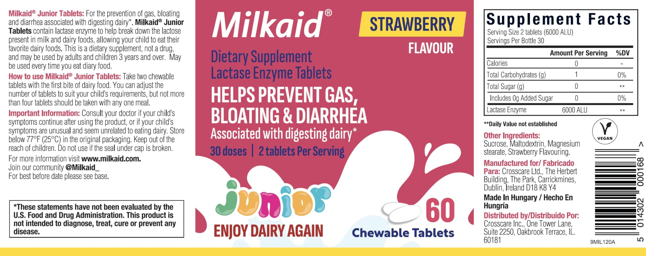 Milkaid Milkaid Junior Lactase Enzyme Chewable Tablets for Lactose Intolerance | Prevents Gas, Bloating, Diarrhea in Children| Fast Acting Dairy Digestive Supplement for Kids| Strawberry Flavor | 60 ct (3)