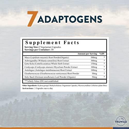 TruWild TruWild Adaptogen Blend with Cordyceps Maca Ashwagandha - Full Spectrum Mushroom Blend for Daily Support and Function All Natural Formula with 7 Key Ingredients 60 Capsules