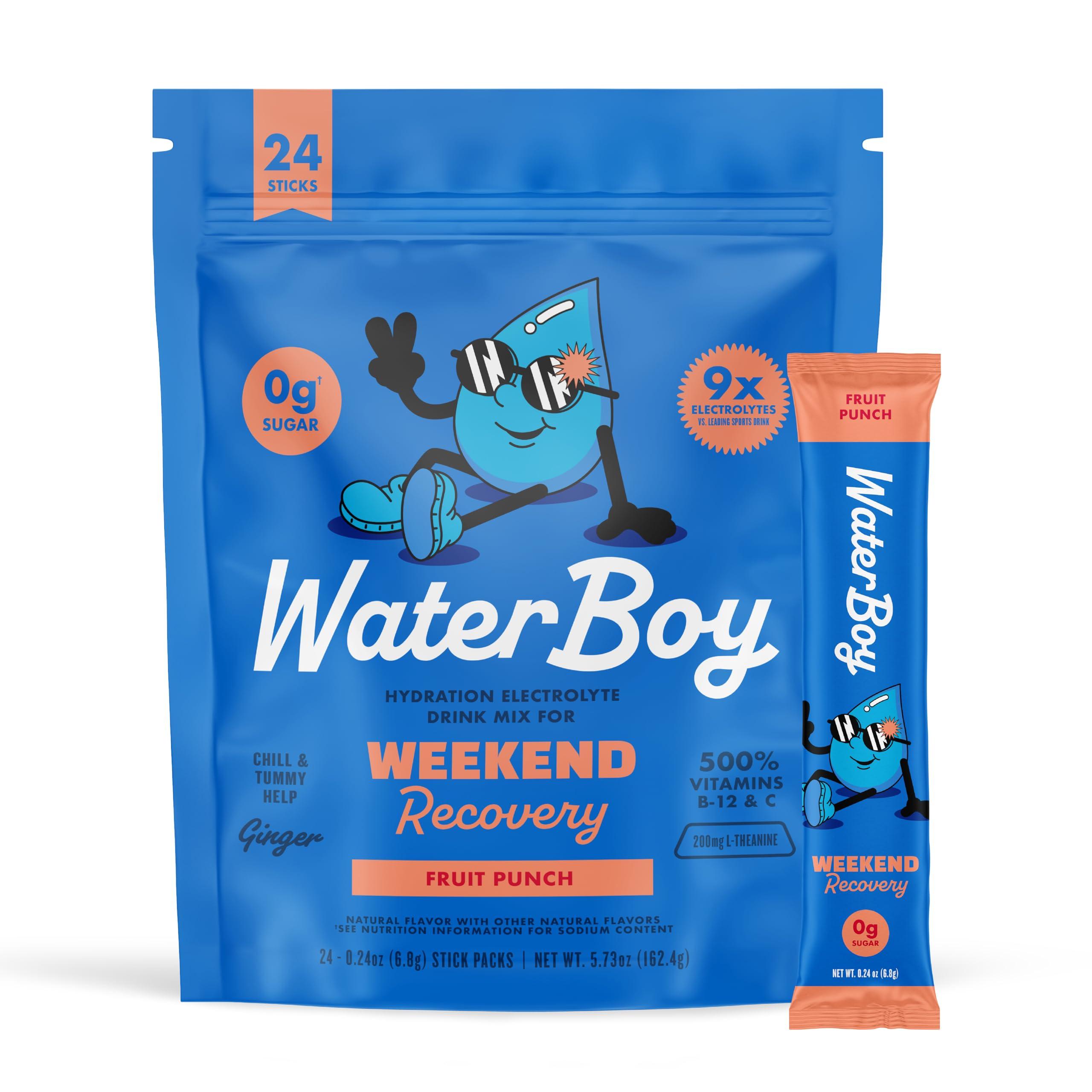 Waterboy Waterboy Weekend Recovery | 3,200mg Electrolyte Powder Packets | Ginger + L-Theanine + Vitamins | No Sugar, All Natural, Gluten Free | 24 Drink Stick Mixes (Fruit Punch)