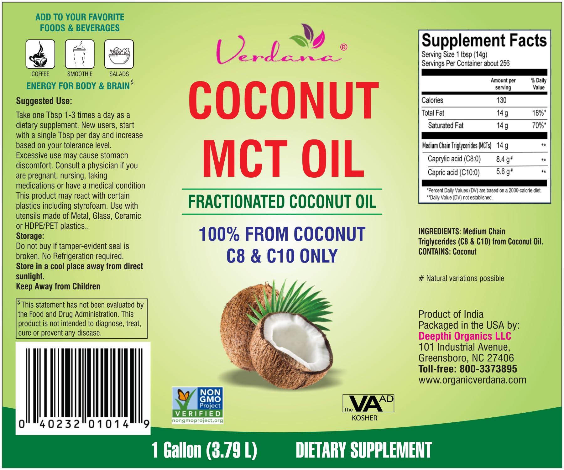 Verdana Verdana MCT Oil, Fractionated, 100% from Coconut - 1 Gallon - Kosher Food Grade, Vegan, Non-GMO - Great for Keto and Paleo Diet, Oil Pulling Oral Rinse Mouthwash (128 Fl Oz)