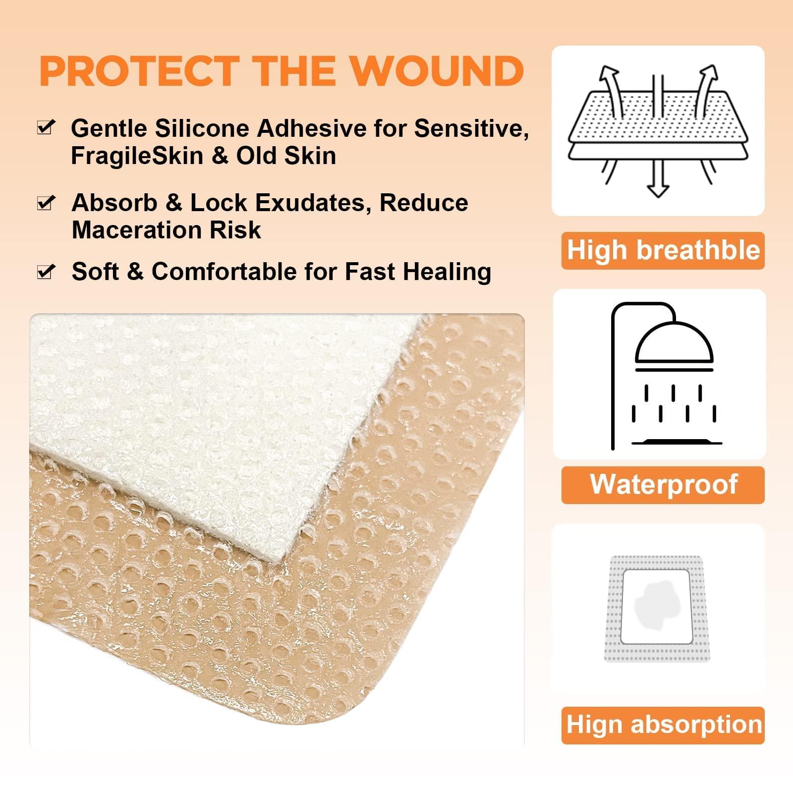 CARBOU Carbou Silicone Foam Dressing with Adhesive Gentle Border,10 Pcs 4\"x4\" and 5 Pcs 2\"x 2\"Adhesive Waterproof and High Absorbency Square Wound Care Dressing Bandage for Pressure Sore, Leg Ulcer, Diabet