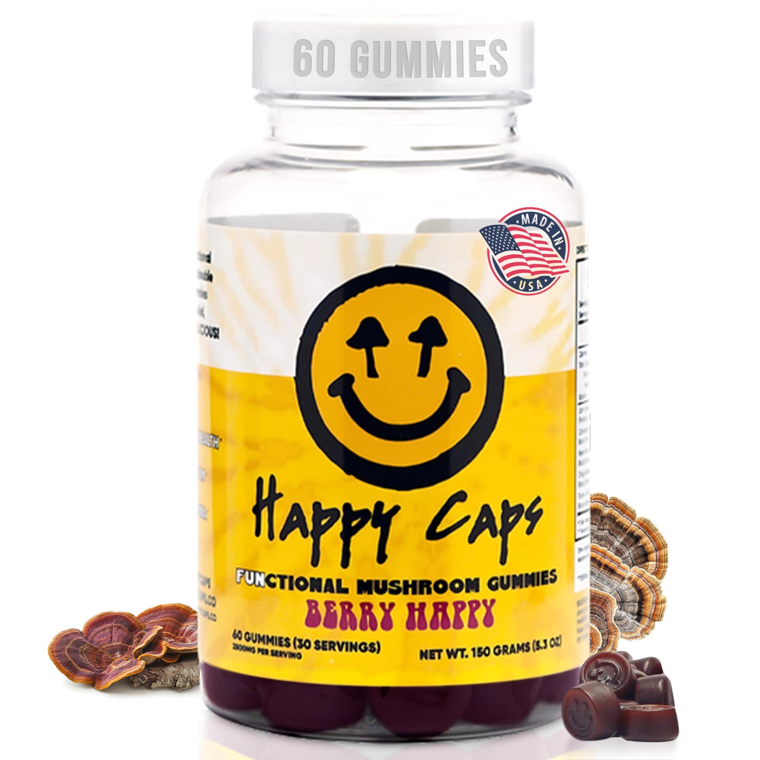 Happy Caps Happy Caps Functional Mushroom Gummies - Lions Mane, Cordyceps, Chaga, Reishi - Immune System Booster & Nootropic Brain Supplement - 60 Gummies (1)