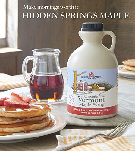 HIDDEN SPRINGS MAPLE HIDDEN SPRINGS MAPLE 100% Organic Vermont Maple Syrup, Grade A Very Dark Robust, 32 Ounce, 1 Quart, Family Farms, BPA-free Jug