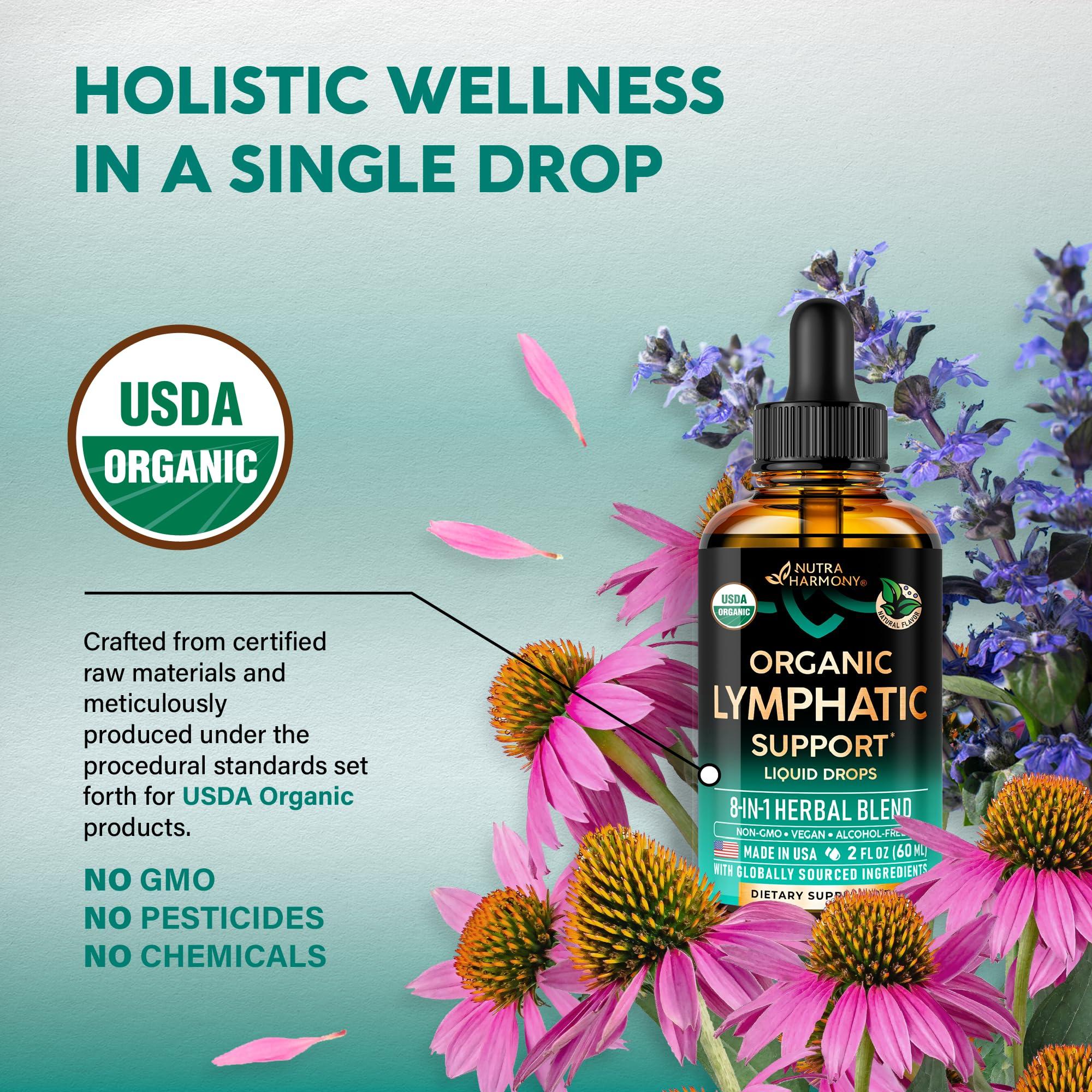 NUTRAHARMONY USDA Organic Lymphatic Drainage Supplement - Echinacea | Elderberry | Dandelion | Rosehip | Cleavers | Calendula | Burdock - Made in USA - Lymph System Drops - Immune Support, Cleanse & Detox, 2 fl oz