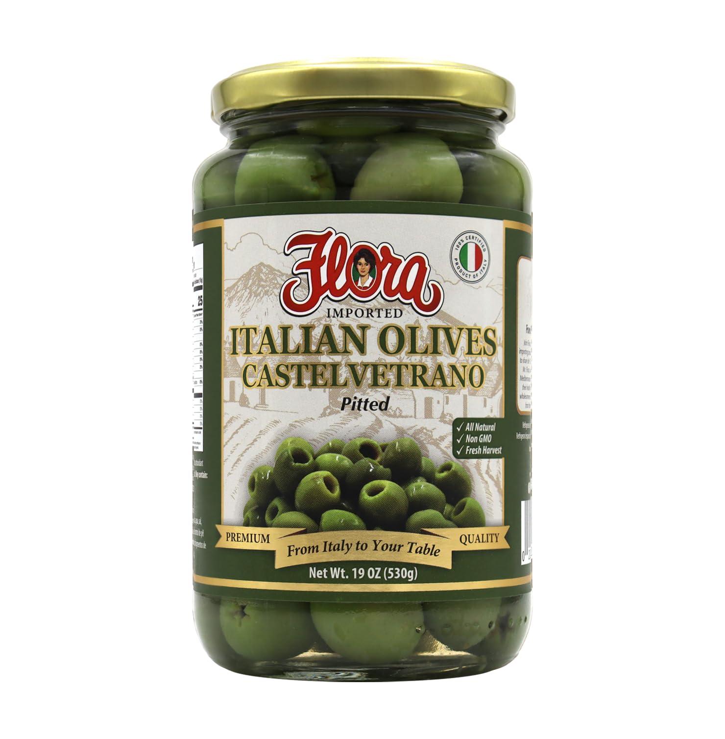 Flora Fine Foods Flora Foods Italian Olives Castelvetrano Pitted | Sicilian Olives | 19 oz (530g) | 100% Italian | All Natural | Non GMO | Fresh Harvest