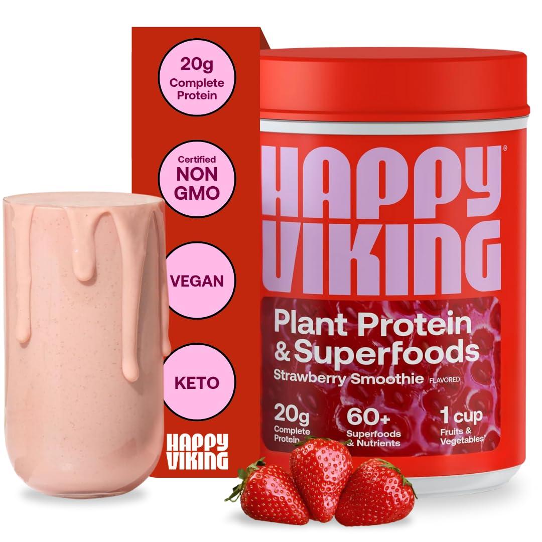 Happy Viking Happy Viking Strawberry Protein + Superfoods Powder, Created by Venus Williams, 20G Protein, Low Carb, Keto, Vegan, Gluten-Free, Non-GMO, Superfoods, Complete Meal Replacement, 1 Canister (24 oz.)