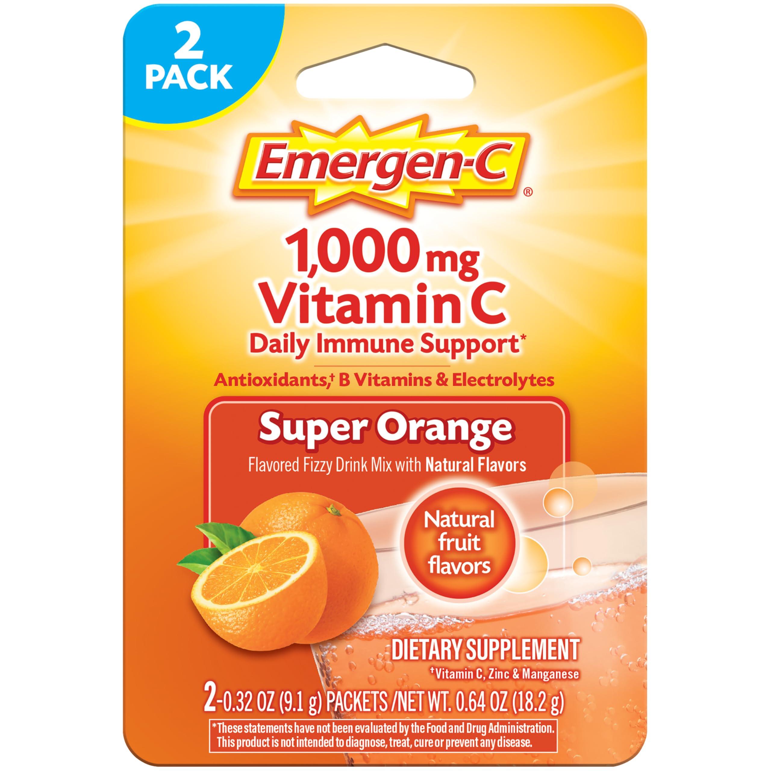 Emergen-C Emergen-C 1000mg Vitamin C Powder for Daily Immune Support Caffeine Free Vitamin C Supplements with Zinc and Manganese, B Vitamins and Electrolytes, Super Orange Flavor - 2 Count