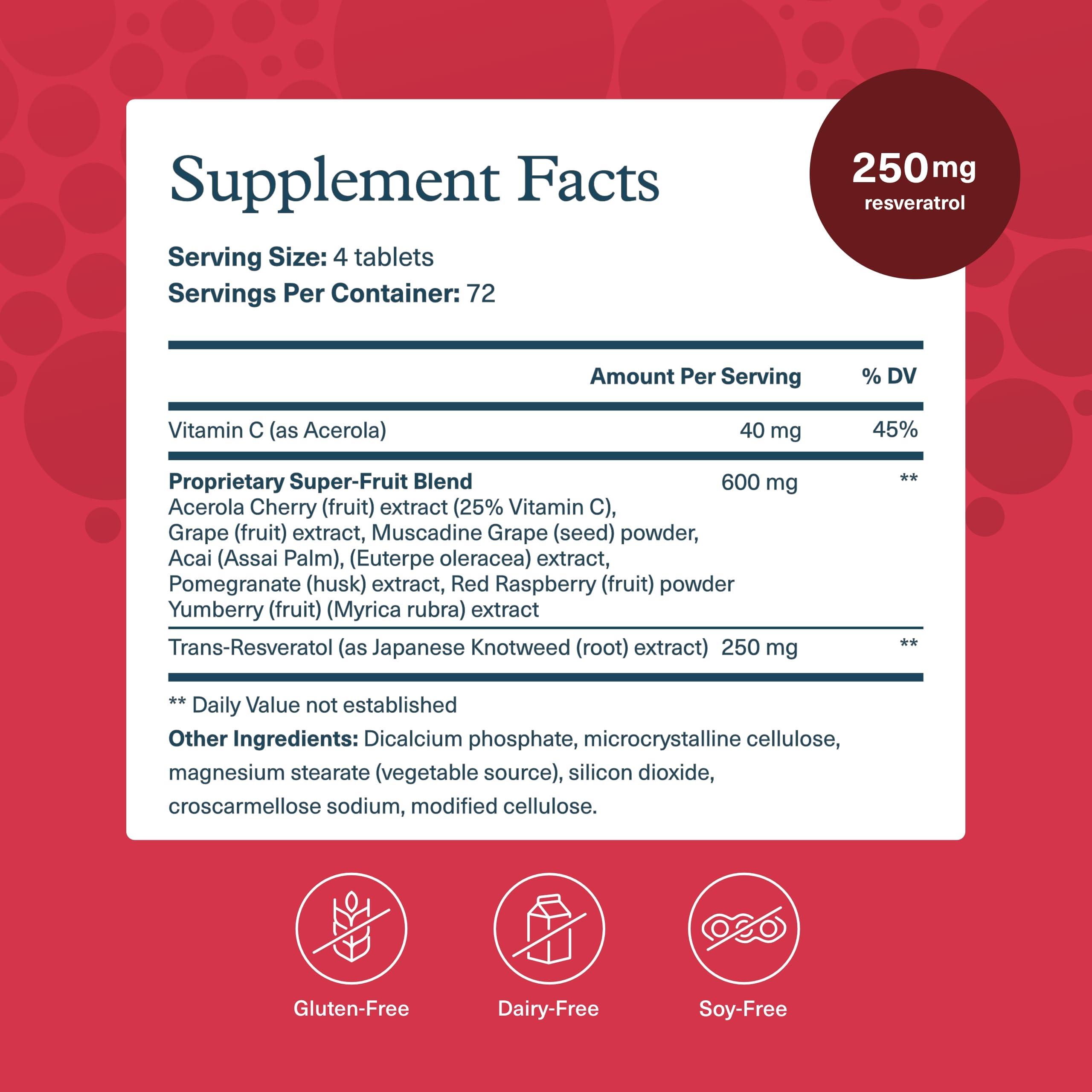 Youtheory Youtheory Resveratrol Advanced Antioxidant Formula - Premium Antioxidant Supplement with Super-Fruit Blend - Contains ResVida - Dairy, Soy & Gluten Free - 290 Tablets