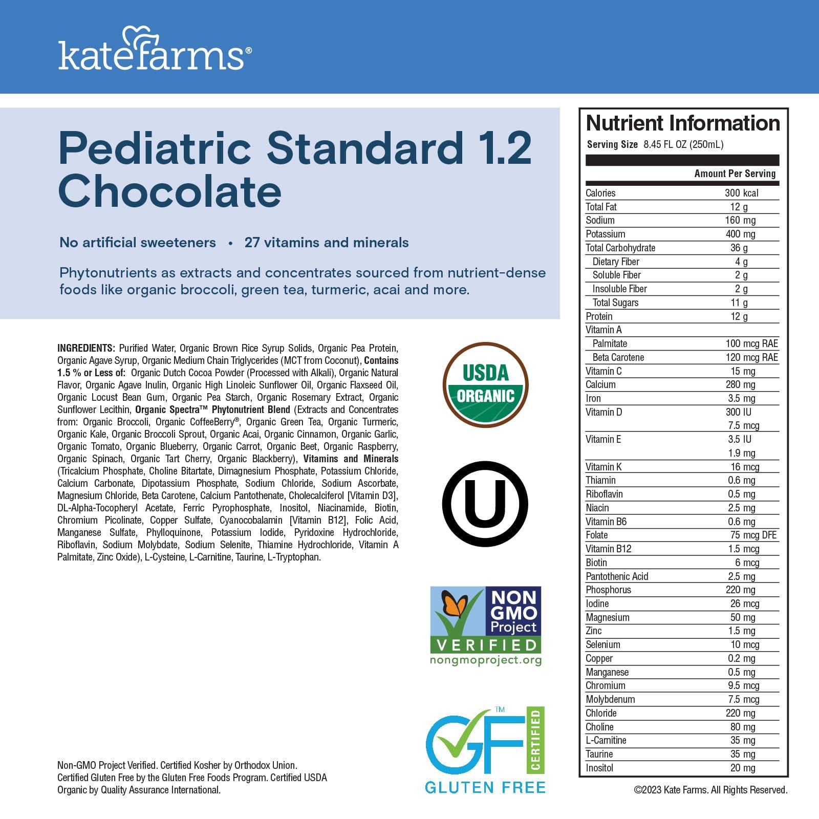 Kate Farms KATE FARMS Organic Pediatric 1.2 High Calorie Nutrition Shake, Chocolate, 12g Protein, 27 Vitamins and Minerals, Meal Replacement, 8.45 oz (12 pack)