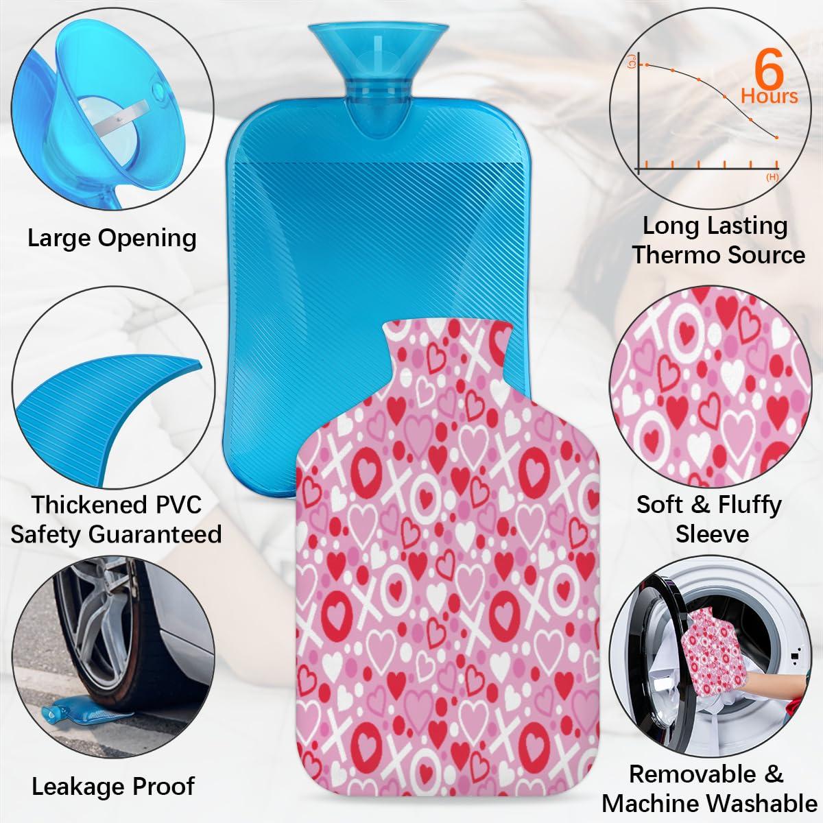 POFATO Valentine Love Heart Pattern Hot Water Bottle with Cover for Pain Relief Cramps, 2L Rubber Warm Hot Water Bags for Bed Hand Feet Belly Warmer, Hot or Cold Compress Water Bottle