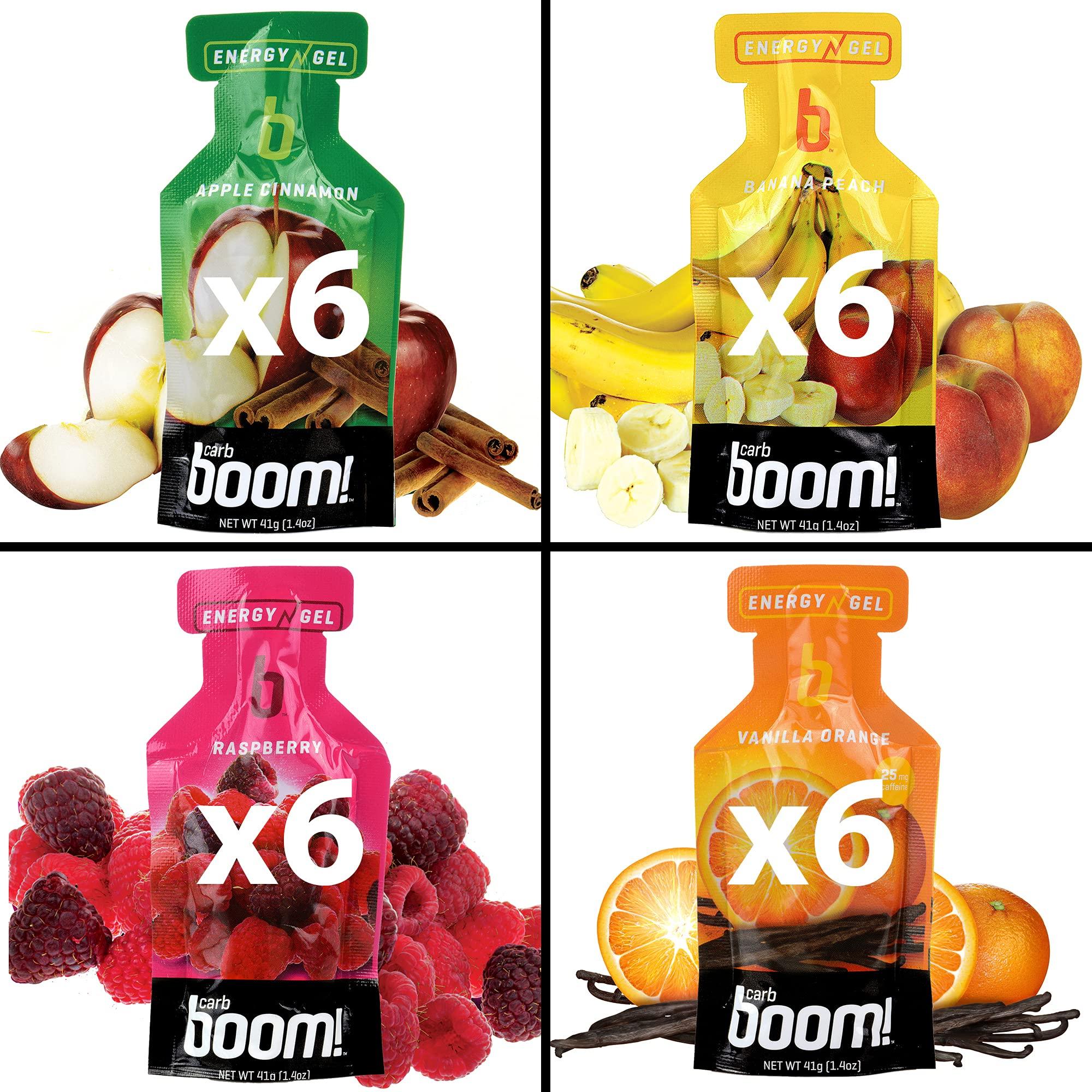 Carb Boom Boom Nutrition Carb Boom Energy Gels - Apple Cinnamon, Banana Peach, Raspberry, & Vanilla Orange Flavors (6 Each) - Natural Energy Gel for Cycling & Running - (Variety 24 Pack)