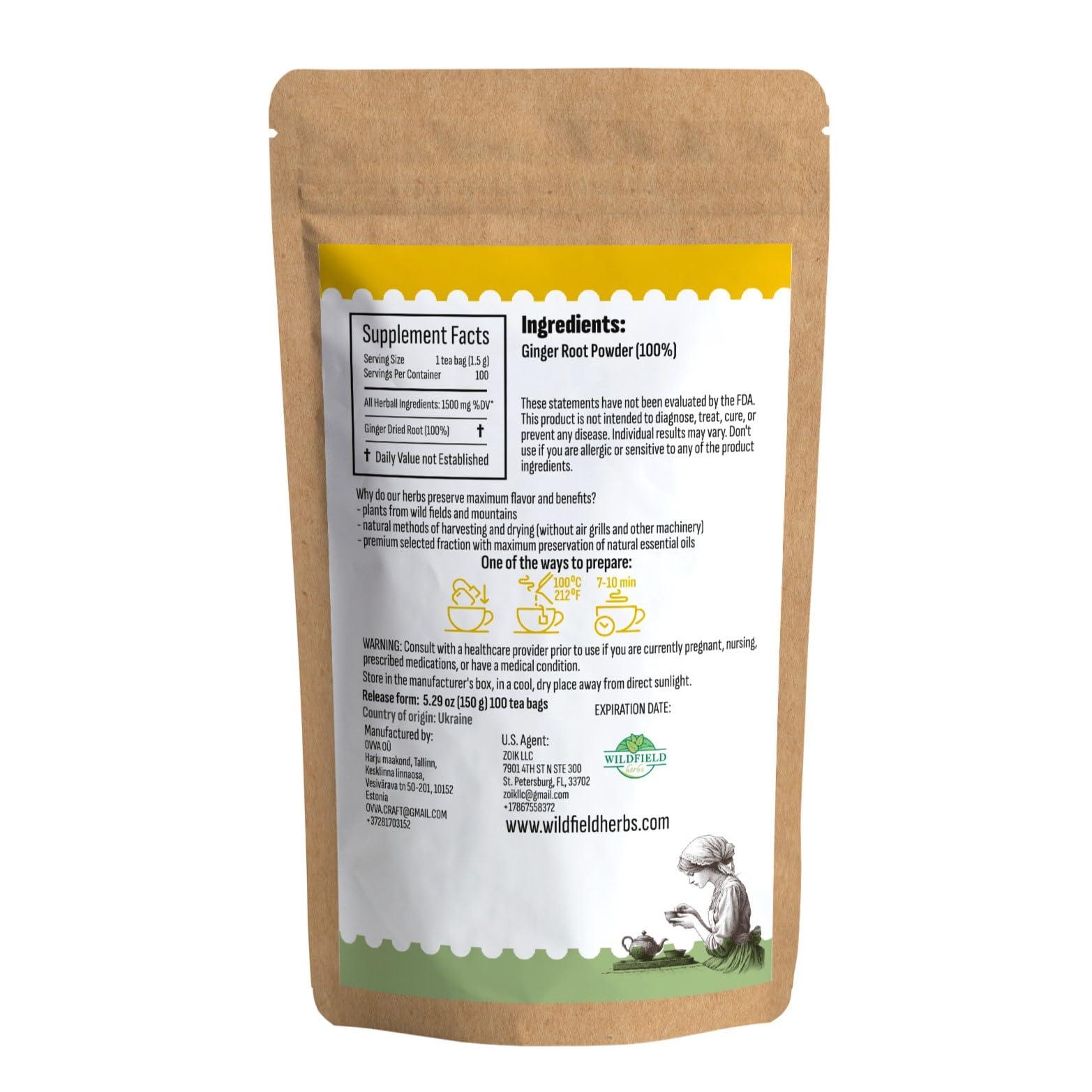 WILDFIELD HERBS 100 Ginger Tea Bags Ginger Root Tea Dry Dried Herb (Zingiber officinale) - 100 Count 1.5g Tea Bags Ginger Raz de jengibre