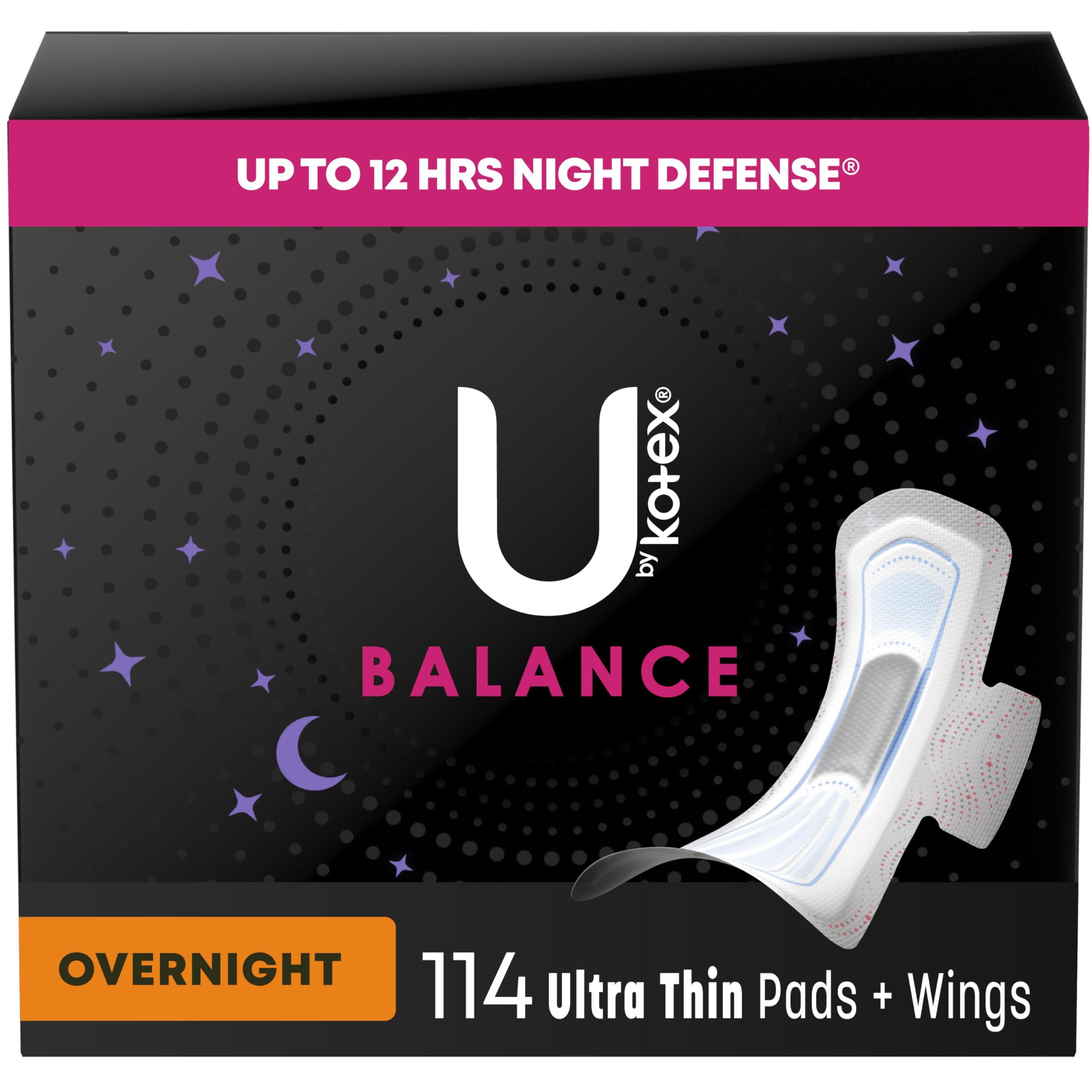 U by Kotex U by Kotex Balance Ultra Thin Overnight Pads with Wings, 114 Count (3 Packs of 38) (Packaging May Vary)