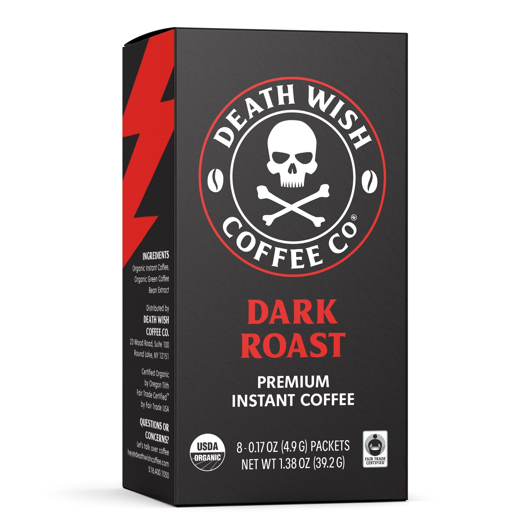 Death Wish Coffee Co. Death Wish Coffee Instant Dark Roast Coffee Packets, Bold & Intense Blend of Arabica & Robusta Beans, USDA Organic, 8 Count