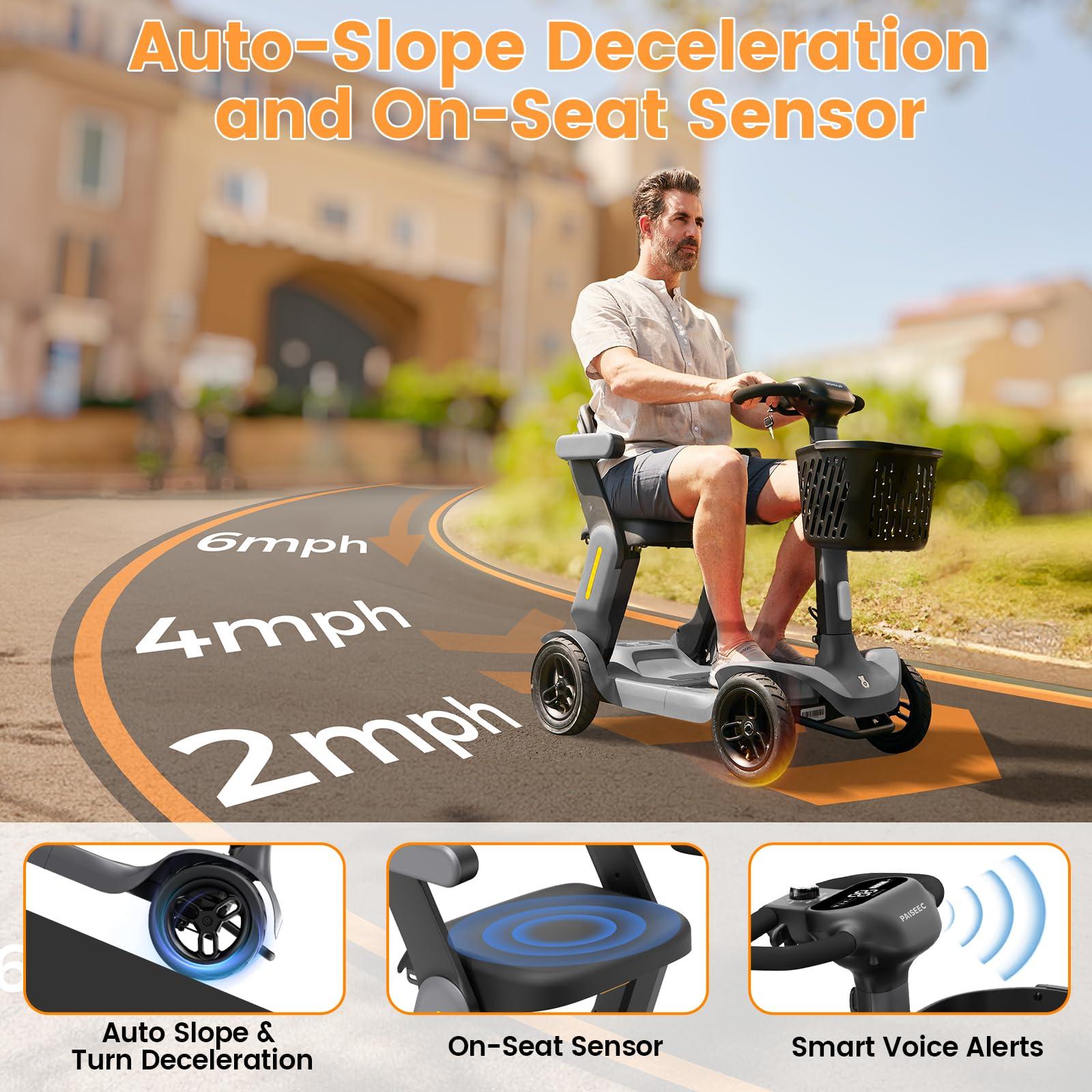 PAISEEC Paiseec S3 Foldable Mobility Scooter for Adults, Seniors - 25 Miles Range, 6 mph, Lightweight Mobility Scooter for Travel, Improved Safety, Large Wheels for Outdoor, LED Headlight, Basket