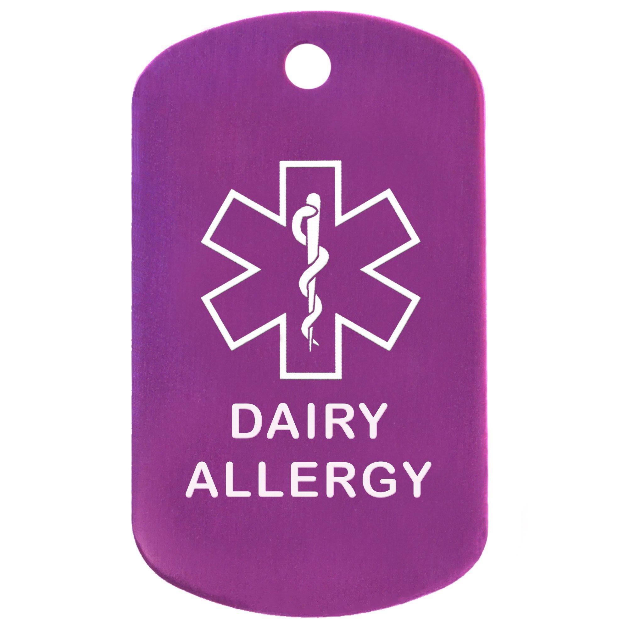 Goods For Giving Dairy Allergy Medical Alert ID Necklace with Purple Tag, White Silencer, and 30'' USA Chain - 154 Color Choices
