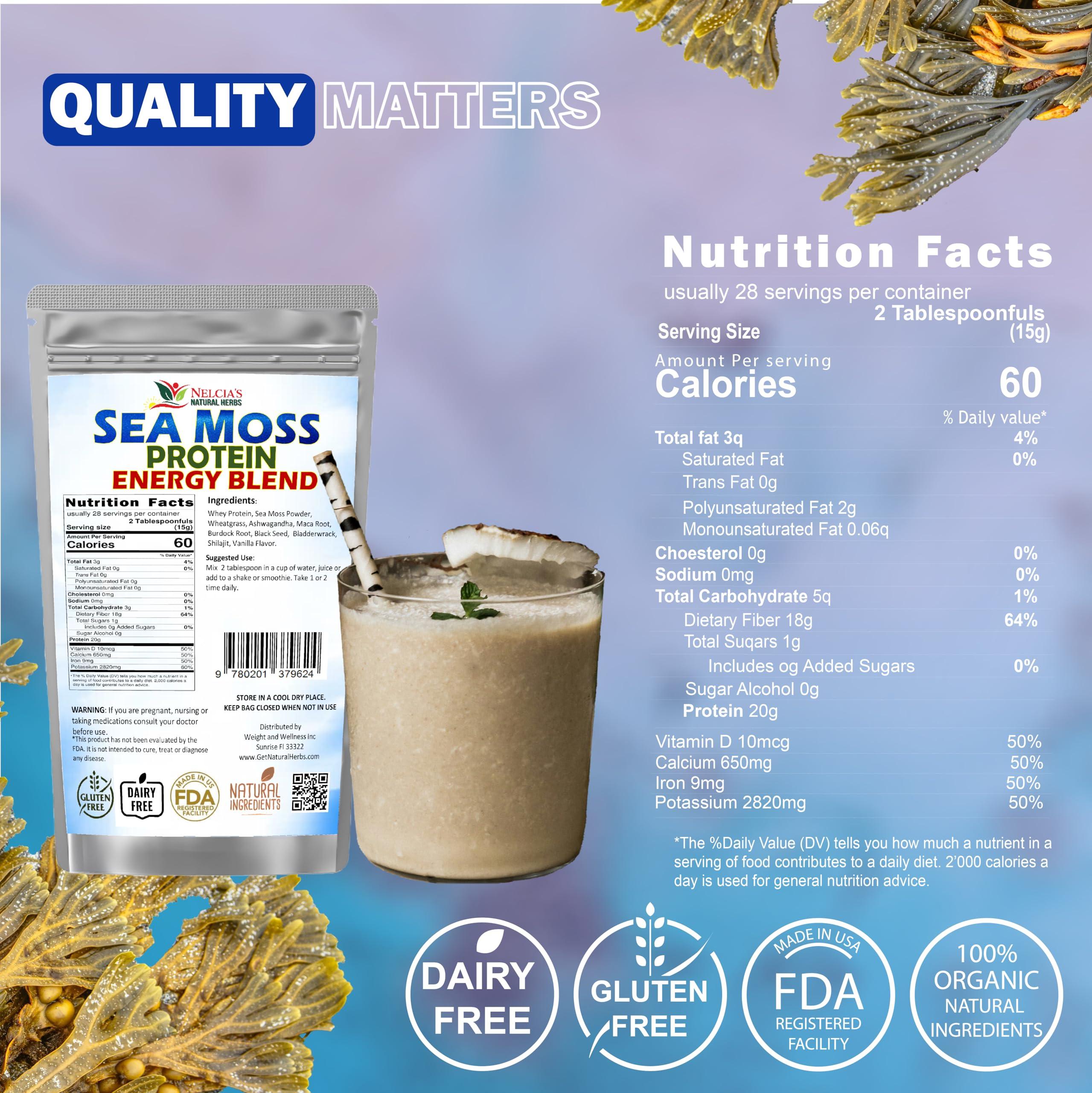 Nelcia'S Natural Herbs Nelcia'S Natural Herbs Sea Moss Ashwagandha Protein Powder -Natural Irish Sea Moss, Bladderwrack and Burdock Root, Black Seed and Shilajit Powder (16oz)