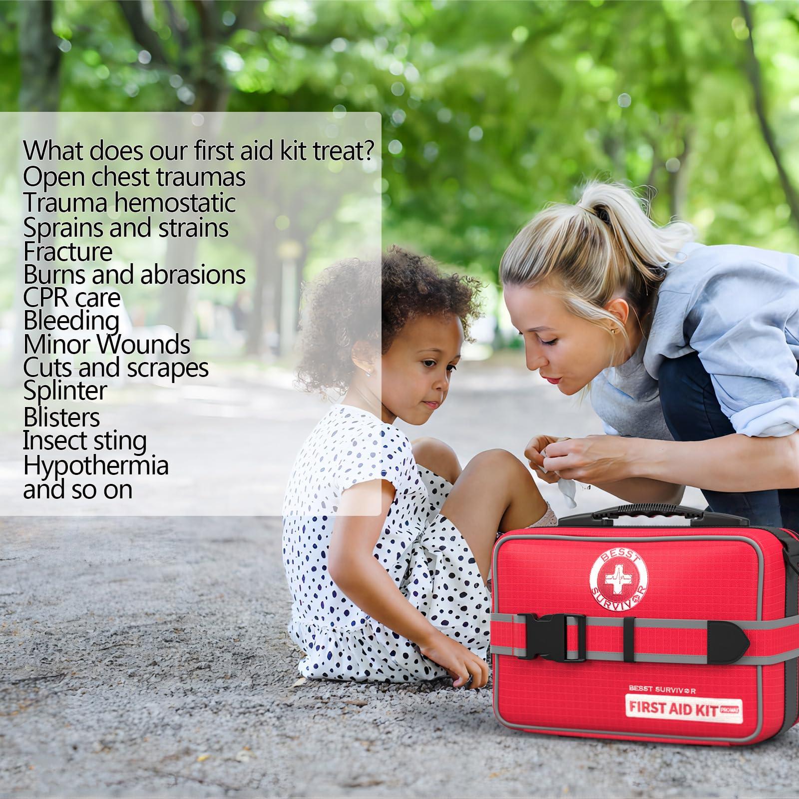 Besst Survivor Upgrade Comprehensive Premium First Aid Kit, Labeled Compartments Trauma Kits with Shoulder Strap, Large Emergencies Medical Kits for Home, Truck, Camping, Sports, Outdoor Emergencies -265 Piece Set