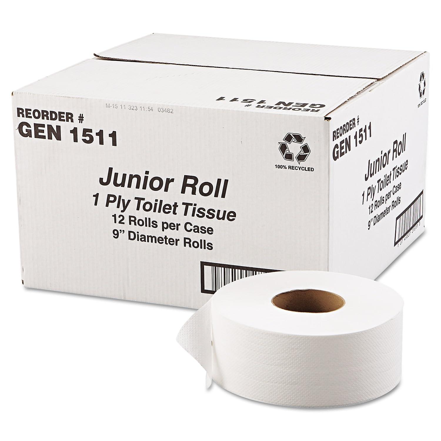 GEN Gen 1511 JRT Jumbo Bath Tissue, 1-Ply, White, 9-Inch Dia, 12 Rolls/Carton