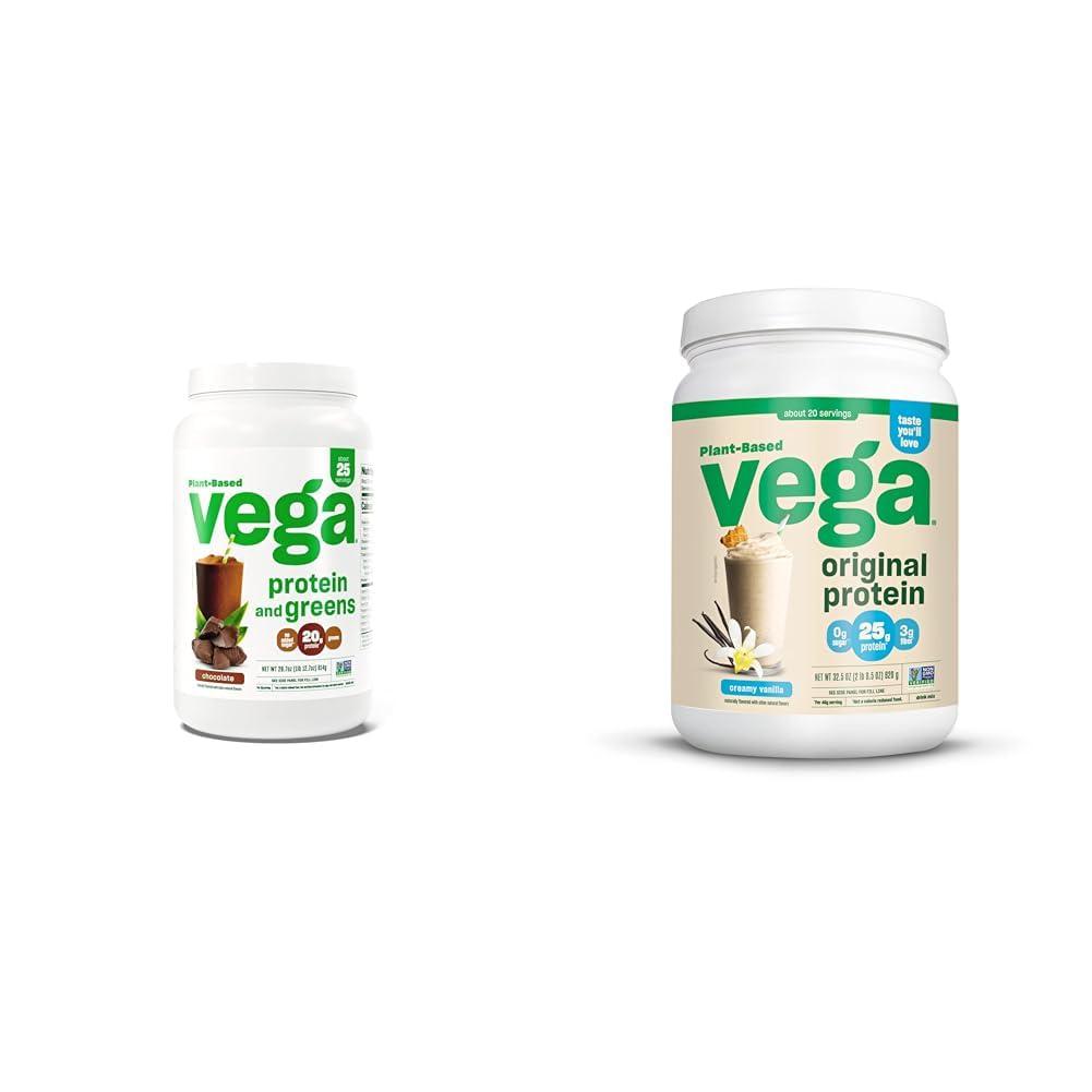 Vga Vega Protein and Greens Protein Powder, Chocolate & Original Protein Powder, Creamy Vanilla Plant Based Protein Drink Mix for Water, Milk and Smoothies, 32.5 oz