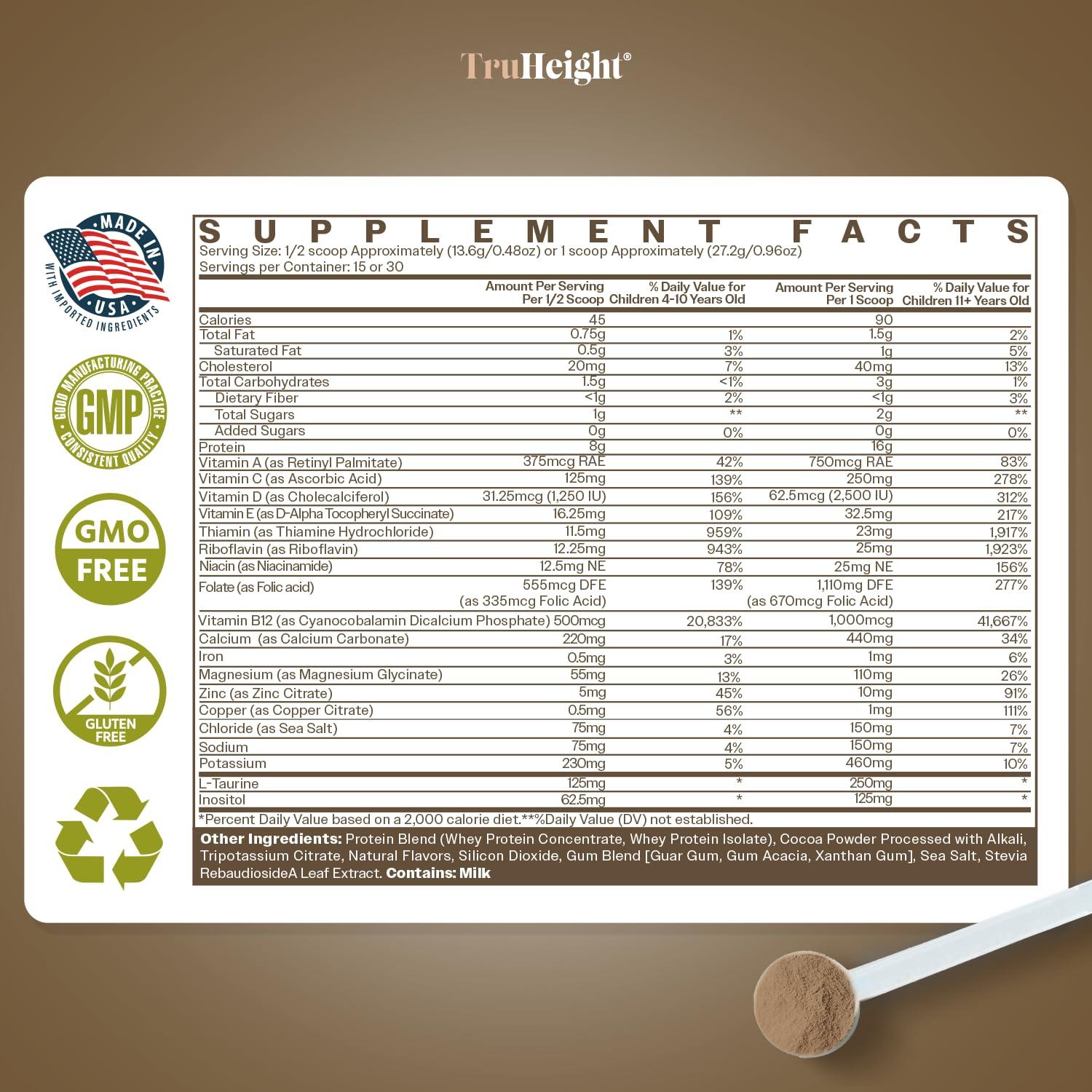 TruHeight TruHeight Growth Protein Shake (Chocolate Milk Flavor, Whey) Natural Growth & Development Protein Powder for Kids & Teens - Endorsed by Pediatricians - Vitamins & Minerals for Picky Eaters - Ages 5+