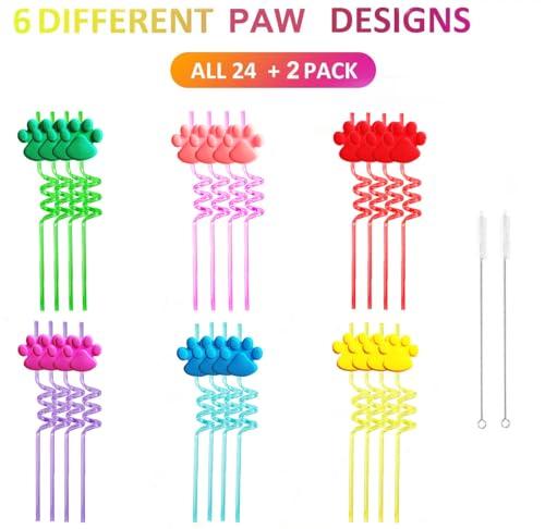 DFCROMI Paw Straws Birthday Party Decorations Supplies, 24pcs Paw Print Patrol Reusable Plastic Fun Cute Crazy Silly Drinking Straws+2pcs Cleaning Brush for Pet Dog Puppy Pals Cat Birthday Suppliers Favors