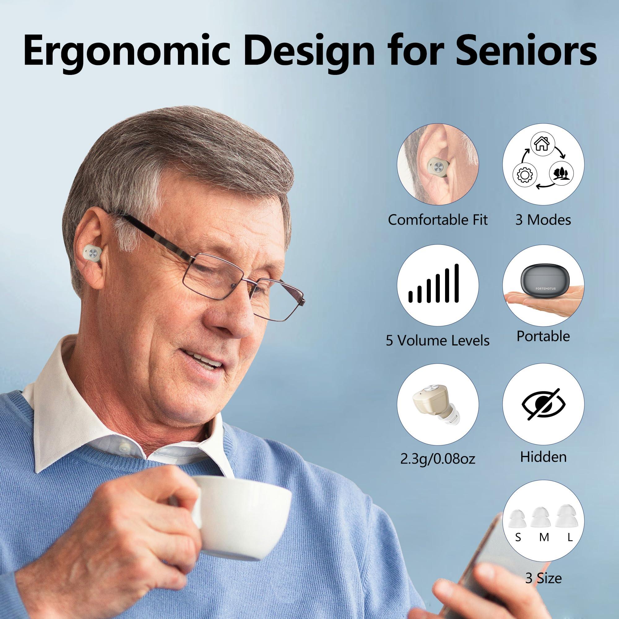 FORTEMOTUS Hearing Aids for Seniors with Hearing Loss, New Rechargeable 16-Channel Digital Hearing Aid with Intelligent Noise Cancelling, Invisible Hearing Amplifier With Portable Charging Case(Black)