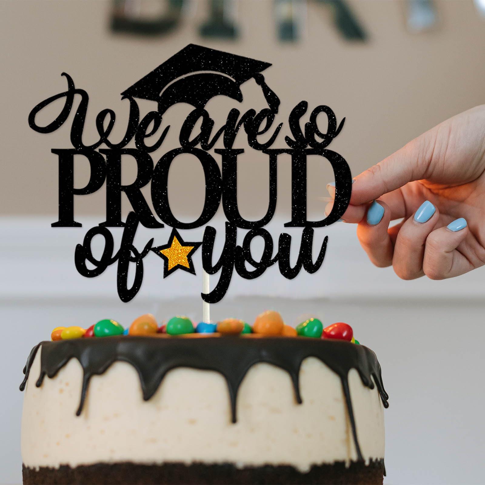 HokiiS We Are So Proud of You Cake Topper, Black Glitter Graduation Cake Pick with Gold Glitter Star for 2024 Congratulations Graduation Party Cake Decorations Supplies