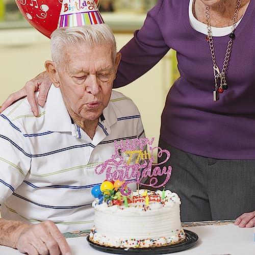 MINUET MINUTE Pink Glitter Happy 77th Birthday Cake Topper, Seventy Seven Years Old Birthday Party Cake Decor, Gold Number 77 Birthday Party Supplies Decorations for Man or Woman