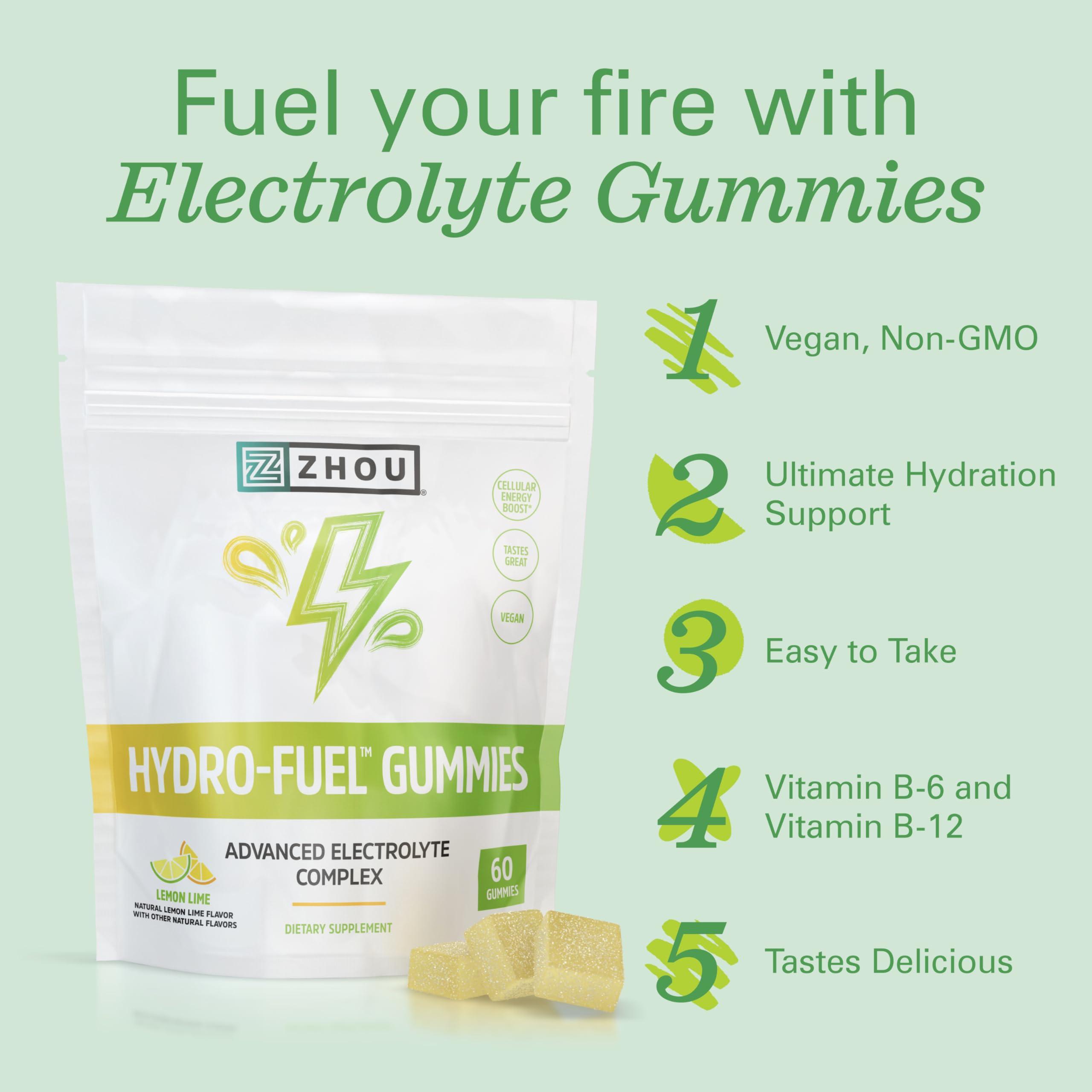 ZHOU Zhou Nutrition Hydro-Fuel Electrolyte Gummies - Advanced Electrolyte Complex - Hydration and Cellular Energy Support Supplements - Vegan, 20 Servings, 60 Gummies