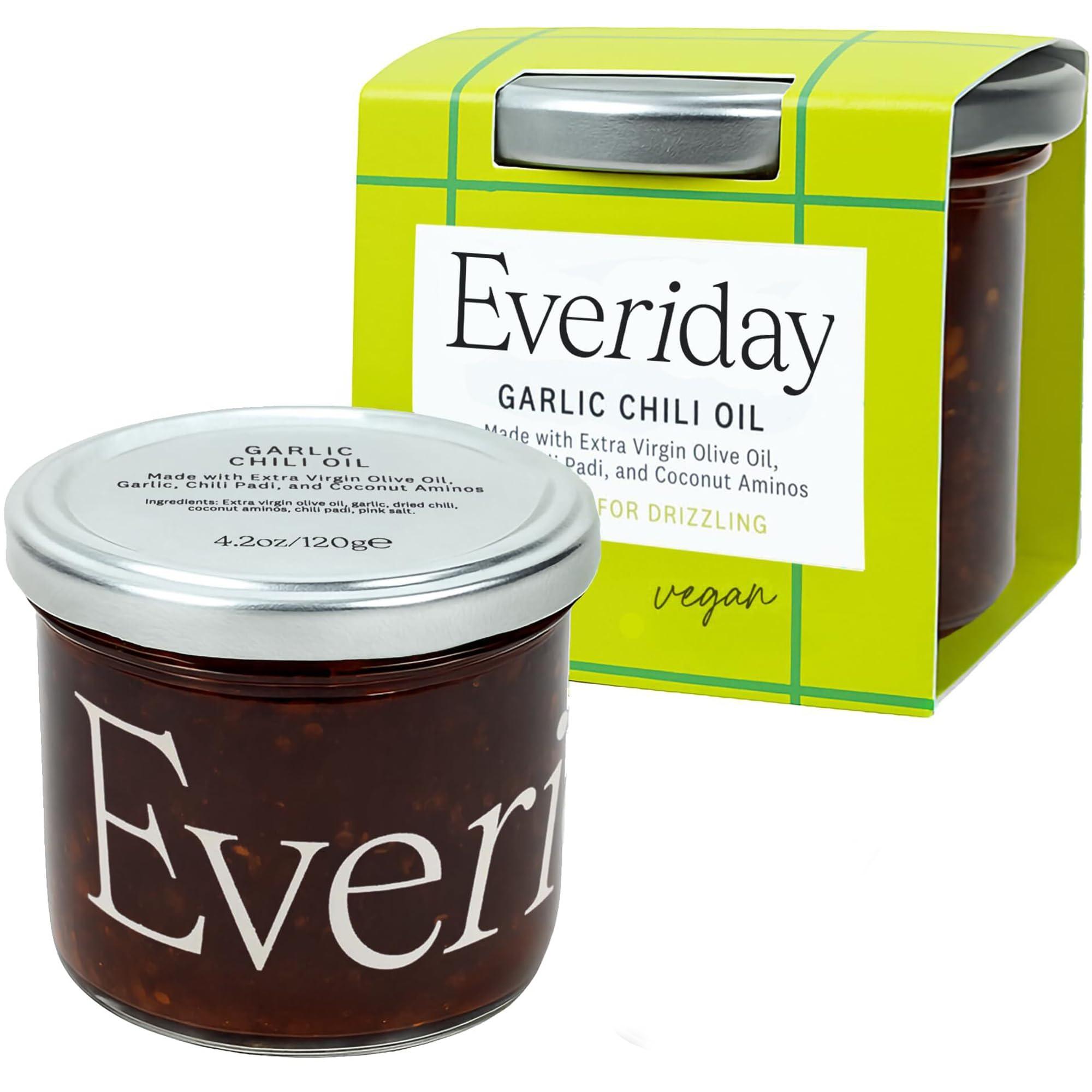 Everiday Foods EVERIDAY Garlic Chili Oil | Spicy Hot Sauce Alternative Made with Extra Virgin Olive Oil | All-Natural, Gluten-Free, Vegan, Keto, Whole30 Approved | Great for Dipping & Drizzling | 4.2 oz