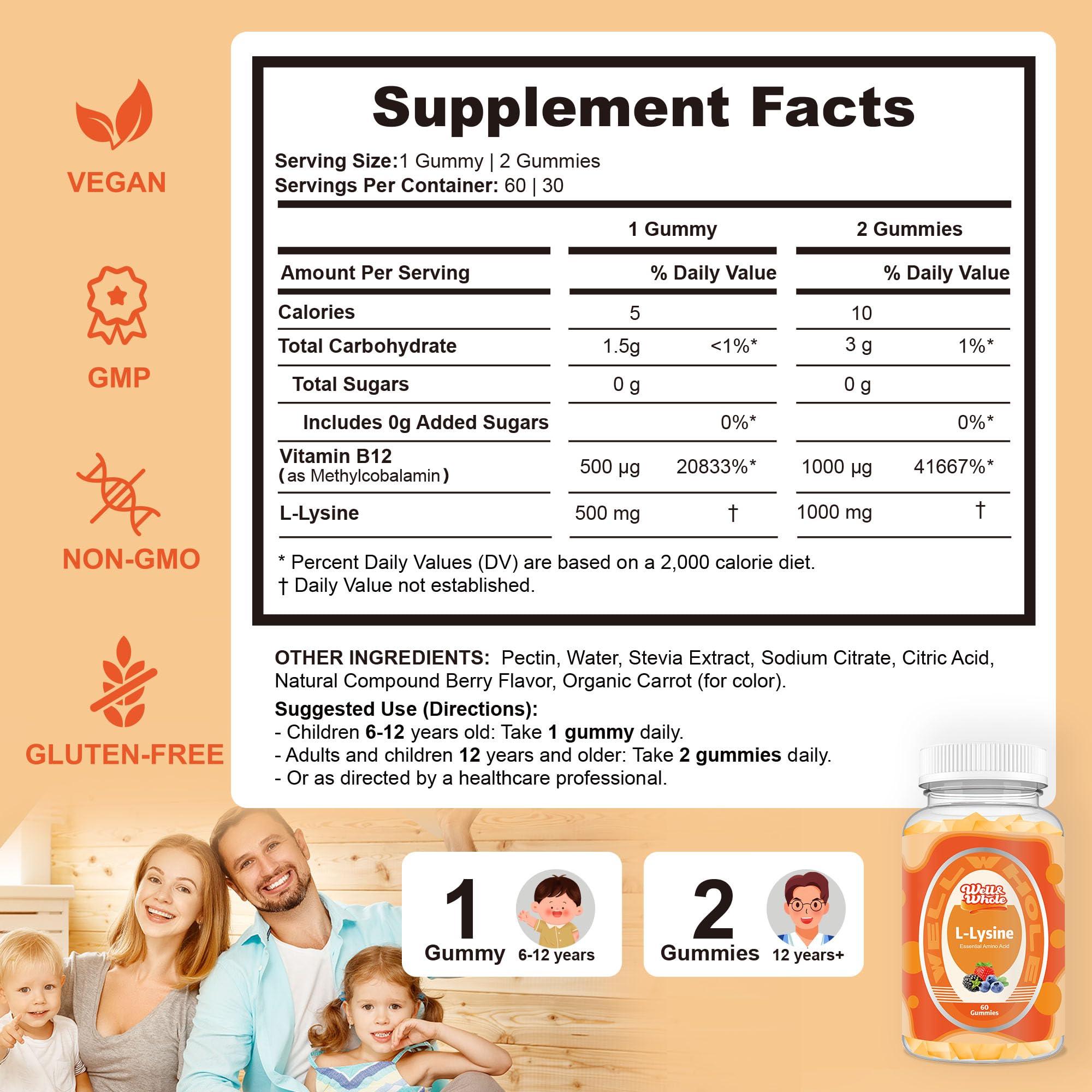 Well&Whole Well&Whole L-Lysine 1000mg Gummies - Vitamin B12 1000mcg - Essential Amino Acid Supplement for Gum, Lip Health* - L-Lysine Supplement for Kids and Adults - Vegan, Non GMO, Gluten-Free, 60 Counts