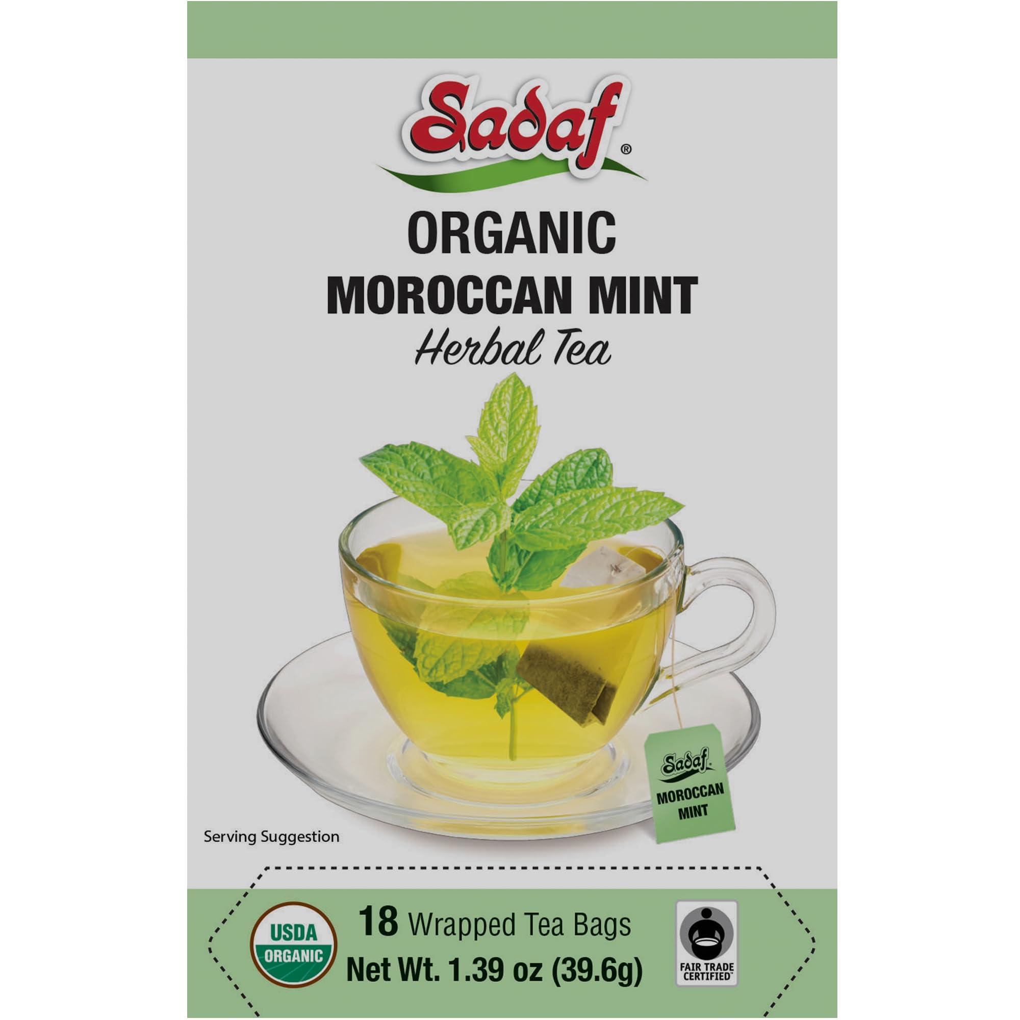 Sadaf Sadaf Organic Moroccan Mint Tea - Mint Tea Bags - Ideal for Hot or Iced Tea - Organic Herbal Tea - Kosher - 18 Wrapped Tea Bags