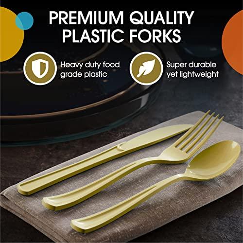 Exquisite Disposable Gold Plastic Forks 50 Pcs - Heavy Duty Gold Plastic Disposable Cutlery - Gold Disposable Flatware, Gold Plastic Silverware, Plastic Forks Gold Exquisite