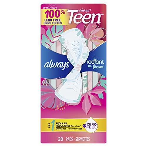 Always Always Radiant Teen Feminine Pads with FlexFoam, Size 1, Regular, with Wings, Unscented, 28 CT