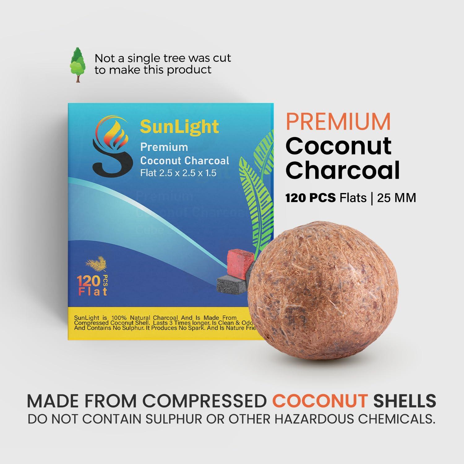 Sunlight Charcoal Sunlight Premium Coconut Charcoal Flats- 120 Half Cubes (1.25MM)- Long Lasting Natural Coco Charcoal - Zero ASH - Low Odor - 1.25MM Flats- Long Lasting - Full Burn