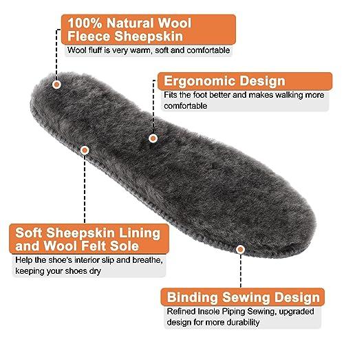 LARGERED LARGERED 2 Pairs Sheepskin Insoles 17MM Thick Winter Warm Wool Insole, Fluffy Fleece Inserts Lambswool Replacement Soles for Men and Women Boots Shoes Slippers Cream+Grey EU44/11US