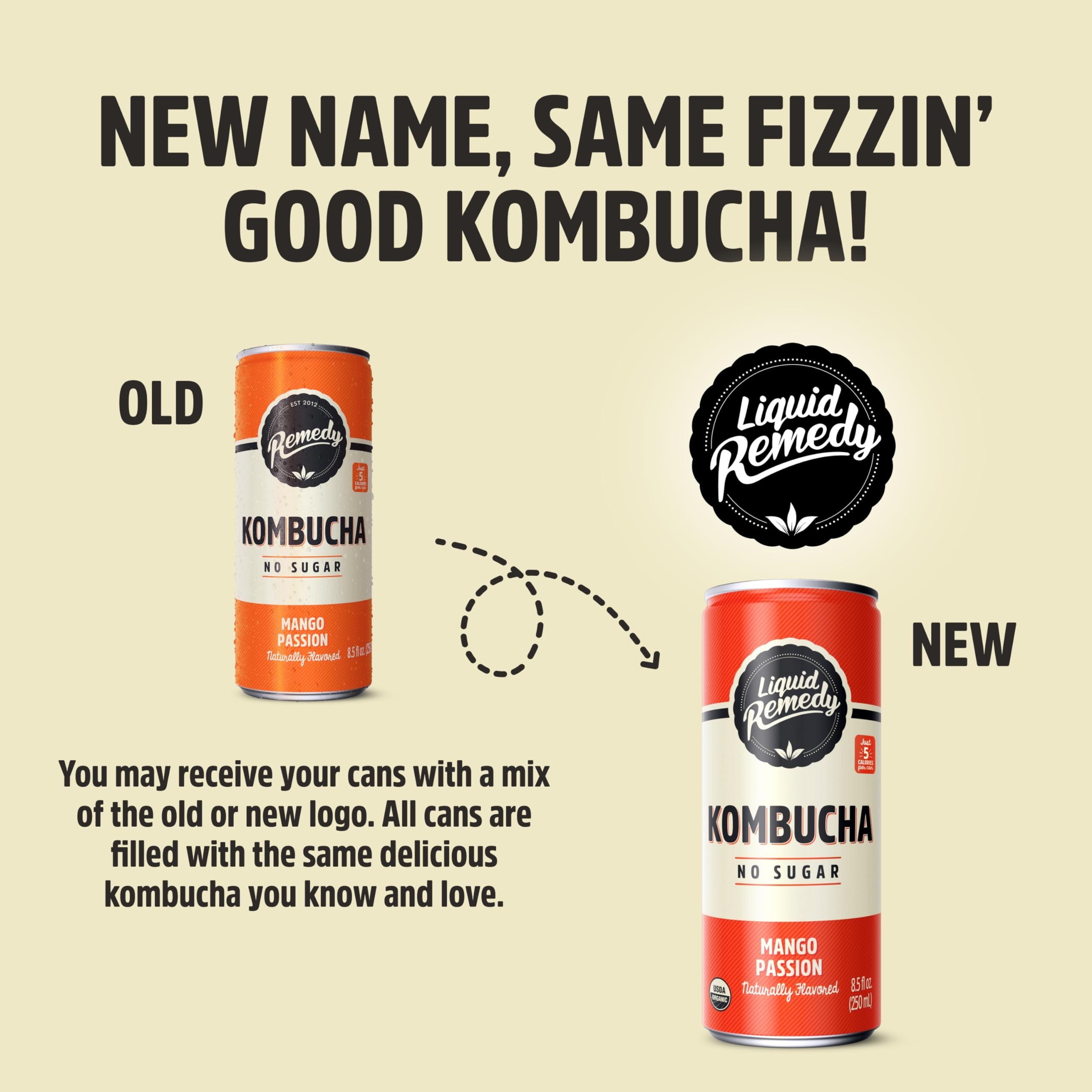 REMEDY Kombucha Liquid Remedy Kombucha Sugar Free Organic Drink, Low Calorie, Probiotic Like Tea for Gut Health - Mango Passion - 8.5 Fl Oz Can, 24-Pack