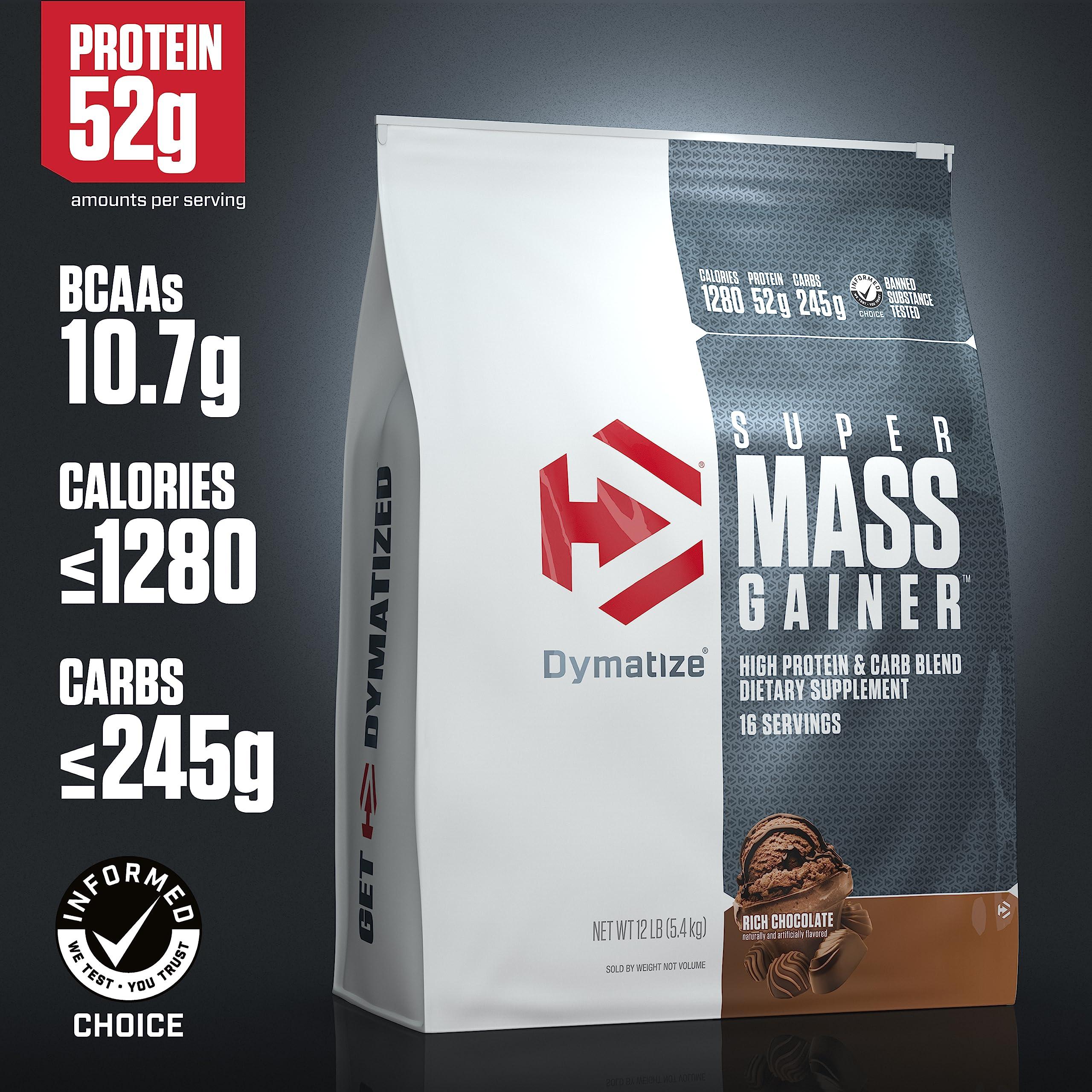 Dymatize Dymatize Super Mass Gainer Protein Powder, 1280 Calories & 52g Protein, 10.7g BCAAs, Mixes Easily, Tastes Delicious, Rich Chocolate, 12 lbs