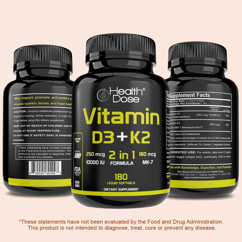 Health Dose Health Dose Vitamin D3 10,000 IU + K2 (MK7) Supplement, 2-in-1 Formula, Immune Support, a Healthy Mood, Heart, Joint, Teeth, Bone Health, Calcium Absorption, 180 softgels. (3)