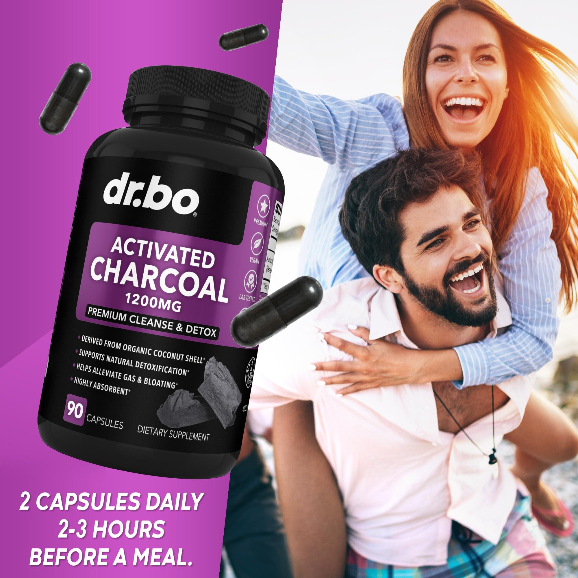 DR. BO Activated Charcoal Capsules Cleanse Detox - 1200mg Organic Coconut Charcoal Pills for Stomach Gas and Bloating Relief for Men Women Kids - Active Capsules Powder Binder Activated Supplements for Gut