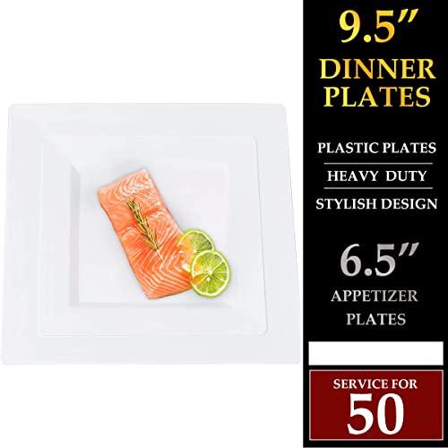 ricpok ricpok Disposable Square Plastic Plates - 100 Pack - 50 x 9.5 Dinner and 50 x 6.5 Salad Combo Plate - Premium Heavy Duty - Fancy and perfect for a Party, Wedding, or Birthday