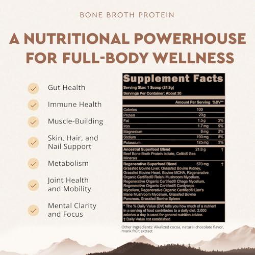 Ancestral Supplements Ancestral Supplements Grass Fed Protein Powder, Chocolate, Beef Bone Broth Based w/Beef Organs & Organic Mushrooms, Gut Health Support, High Protein Supplement, 20g Protein Per Serving, 30 Day Supply
