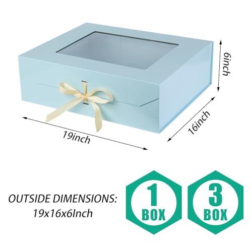 PLINJOY PLINJOY 3 Pcs Extra Large Blue Gift Box for Presents with Ribbon 19x16x6 Inches Clear Gift Box with Window Magnetic Closure Gift Boxes with Lids