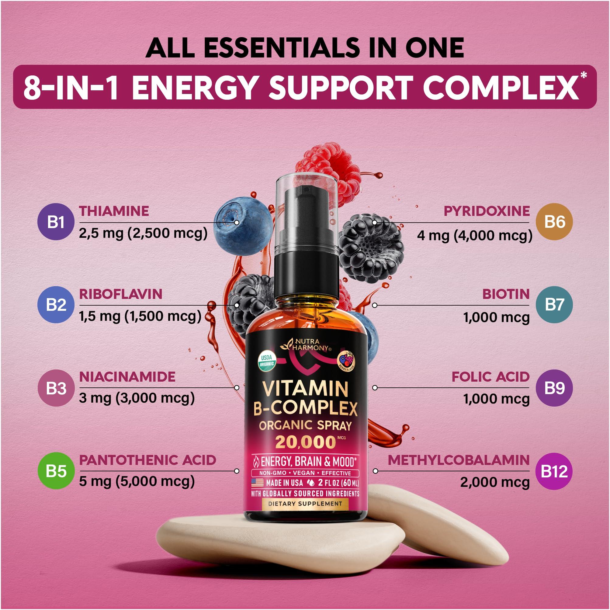 NUTRAHARMONY USDA Organic Vitamin B-Complex Liquid Spray 8-in-1 - B5 Pantothenic Acid | B12 Methylcobalamin | B1 Thiamine | B6 Pyridoxine | B7 Biotin | B9 Folic | B3 Niacinamide - Made in USA Supplement, 2fl oz